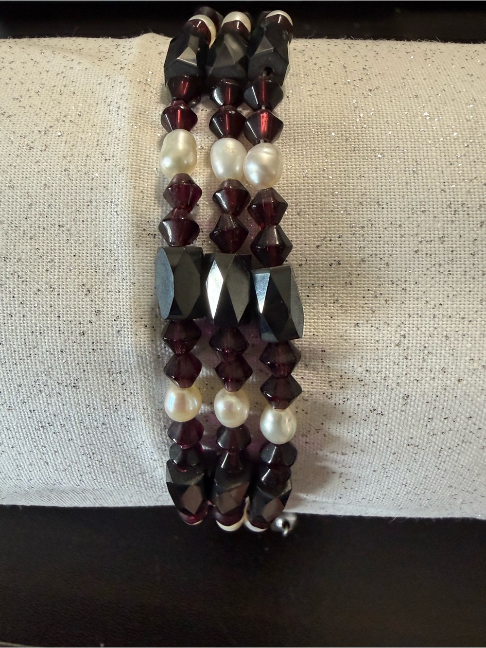 Pearl and Garnet Red-Tone Magnetic Wrap Bracelet 37-1/4” long